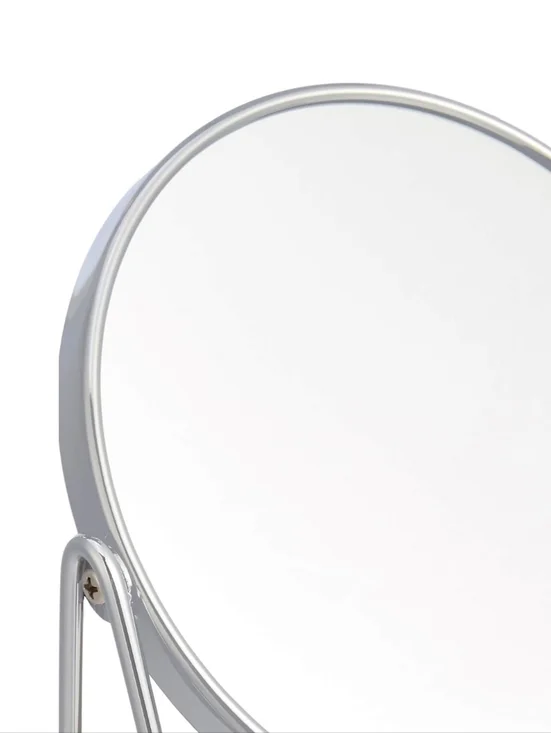 Chrome Rim Mirror with Bamboo Base - Sleek Silver and Natural Wood - Picture 6 of 10